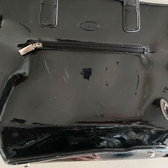 Tosoco Black Suede Patent Leather Purse Shoulder Tote Floral Embellishment - Picture 3 of 9